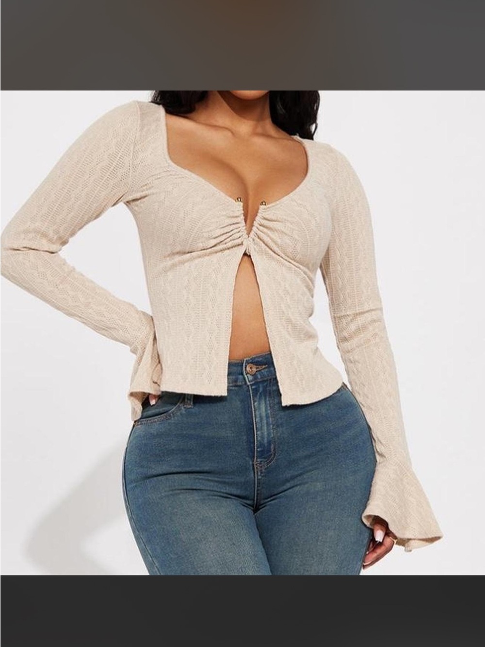 Beige Ruched Front Long-Sleeve Women's Top